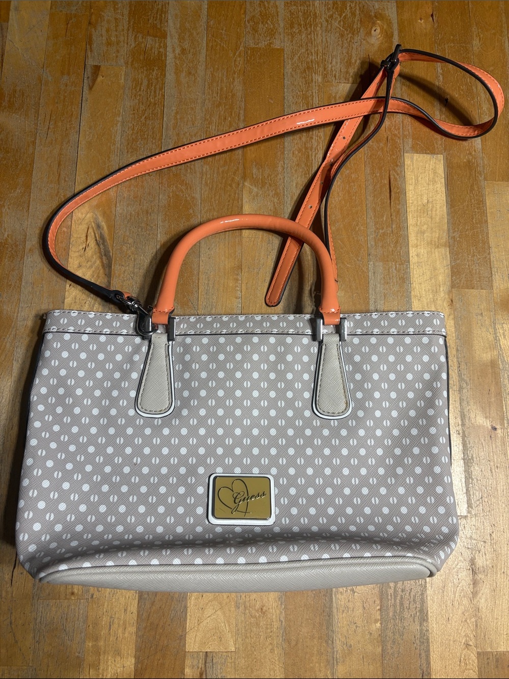 Guess Beige Monogram Handbag with Coral Handles